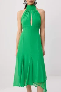 TRENDYOLMİLLA Green Plain Weaving Siphon Midi Lined Dress - Image 3