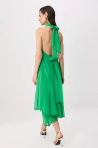 TRENDYOLMİLLA Green Plain Weaving Siphon Midi Lined Dress - Image 4