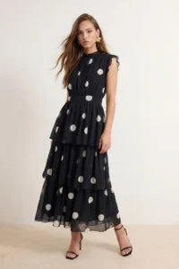 TRENDYOLMİLLA Black Polka Dot Siphon Kat Kat Sleeveless Maxi Lined Dress - Image 2