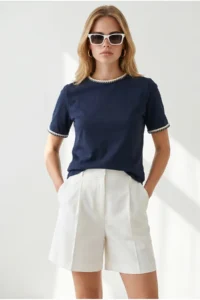 Olalook Women's Navy Blue Hair Braided Detailed T-Shirt - Image 3
