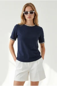 Olalook Women's Navy Blue Hair Braided Detailed T-Shirt - Image 4