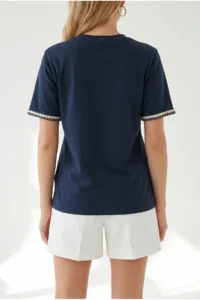 Olalook Women's Navy Blue Hair Braided Detailed T-Shirt - Image 5