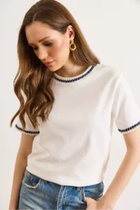 Olalook Women's White Navy Blue Hair Braided Detailed T-Shirt - Image 2