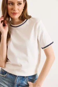 Olalook Women's White Navy Blue Hair Braided Detailed T-Shirt - Image 3