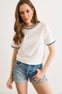 Olalook Women's White Navy Blue Hair Braided Detailed T-Shirt - Image 4