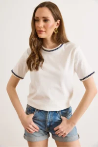 Olalook Women's White Navy Blue Hair Braided Detailed T-Shirt - Image 5