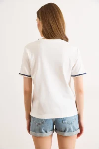 Olalook Women's White Navy Blue Hair Braided Detailed T-Shirt - Image 6
