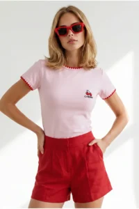 Olalook Women's Pink Shepherd Stitching Detailed Ribbed Flexible Crop T-Shirt