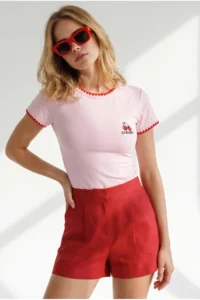 Olalook Women's Pink Shepherd Stitching Detailed Ribbed Flexible Crop T-Shirt - Image 2