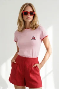 Olalook Women's Pink Shepherd Stitching Detailed Ribbed Flexible Crop T-Shirt - Image 4