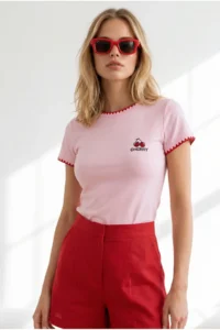 Olalook Women's Pink Shepherd Stitching Detailed Ribbed Flexible Crop T-Shirt - Image 5
