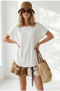Olalook Women's White Six Oval Flowy Viscose T-Shirt