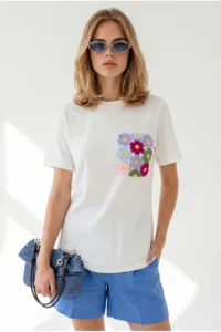 Olalook Women WHITE Pocket Detail Cotton T-Shirt - Image 2