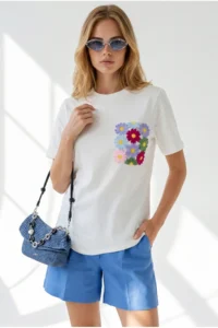 Olalook Women WHITE Pocket Detail Cotton T-Shirt - Image 3