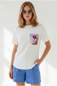 Olalook Women WHITE Pocket Detail Cotton T-Shirt - Image 4