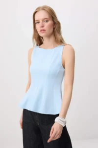 TRENDYOLMİLLA BLUE peplum/Waisted Boat Neck Flexible Knitting Blouse