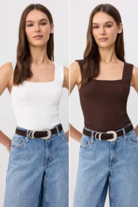 TRENDYOLMİLLA Ecru-Brown Basic 2 Sets Paket Top Thin Knitwear Blouse