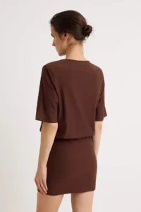 TRENDYOLMİLLA Brown Plain Soft Fabric Fitted Short Sleeve Flexible Knitting Dress - Image 4