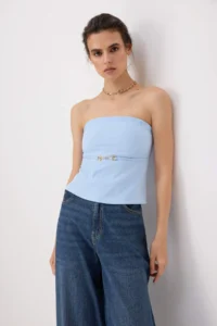 TRENDYOLMİLLA Baby BLUE Strapless Fitted Thin Ornament Belt Detailed Weaving Blouse