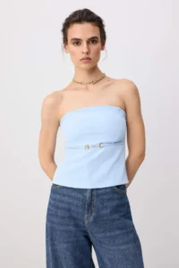TRENDYOLMİLLA Baby BLUE Strapless Fitted Thin Ornament Belt Detailed Weaving Blouse - Image 2