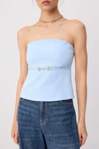 TRENDYOLMİLLA Baby BLUE Strapless Fitted Thin Ornament Belt Detailed Weaving Blouse - Image 3