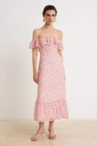 TRENDYOLMİLLA Powder PINK Siphon Floral Skirt Opened at Waist with flywheel / Frilly Midi Weaving Dress