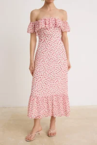 TRENDYOLMİLLA Powder PINK Siphon Floral Skirt Opened at Waist with flywheel / Frilly Midi Weaving Dress - Image 3