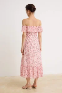 TRENDYOLMİLLA Powder PINK Siphon Floral Skirt Opened at Waist with flywheel / Frilly Midi Weaving Dress - Image 4