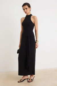 TRENDYOLMİLLA Black Belt Detailed Barbell Collar bodycone/Fitting Flexible Maxi Knitting Dress