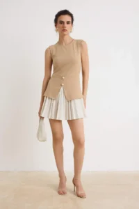 TRENDYOLMİLLA Ecru Color Blocked Pleated Pearl Button Detailed Short Weaving Dress