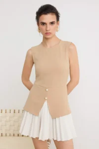 TRENDYOLMİLLA Ecru Color Blocked Pleated Pearl Button Detailed Short Weaving Dress - Image 2