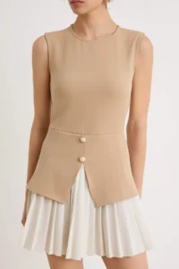 TRENDYOLMİLLA Ecru Color Blocked Pleated Pearl Button Detailed Short Weaving Dress - Image 3