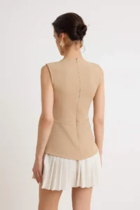 TRENDYOLMİLLA Ecru Color Blocked Pleated Pearl Button Detailed Short Weaving Dress - Image 4