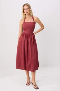 TRENDYOLMİLLA Burgundy Halterneck Poplin Maxi Weaving Dress