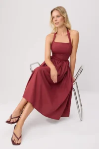 TRENDYOLMİLLA Burgundy Halterneck Poplin Maxi Weaving Dress - Image 2