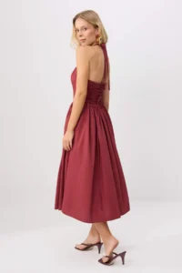 TRENDYOLMİLLA Burgundy Halterneck Poplin Maxi Weaving Dress - Image 3