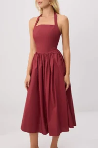 TRENDYOLMİLLA Burgundy Halterneck Poplin Maxi Weaving Dress - Image 4