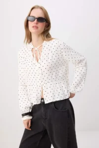 TRENDYOLMİLLA WHITE-Multicolored Polka Dot Cotton textured Kolda Lace Oversized Boho Weaving Shirt - Image 2