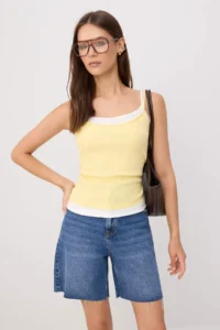 TRENDYOLMİLLA Yellow Color Bloklu Fitted Cowl Neck Thin Sleeveless Sleeveless Ribbed Flexible Knitting Tank Top - Image 2