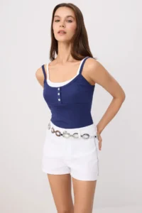 TRENDYOLMİLLA NAVY BLUE Fitted Cowl Neck Sleeveless Crop/Short Cotton Rib Knitting Tank Top
