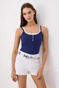 TRENDYOLMİLLA NAVY BLUE Fitted Cowl Neck Sleeveless Crop/Short Cotton Rib Knitting Tank Top - Image 2
