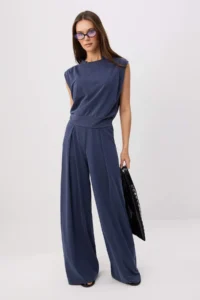 TRENDYOLMİLLA NAVY BLUE Drop Sleeve Wide Leg Soft Knitting Bottom with Premium Lyocell Content - Top Set
