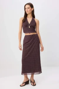 TRENDYOLMİLLA Brown Polka Dot Fitted Barbell Neck Tulle Knitting Bottom Top Set