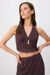 TRENDYOLMİLLA Brown Polka Dot Fitted Barbell Neck Tulle Knitting Bottom Top Set - Image 2