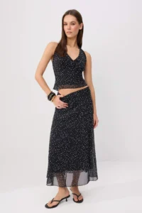 TRENDYOLMİLLA Black Polka Dot A-line Barbell Neck Regular Waist Maxi Tulle Knitting Bottom Top Set