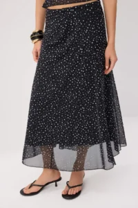 TRENDYOLMİLLA Black Polka Dot A-line Barbell Neck Regular Waist Maxi Tulle Knitting Bottom Top Set - Image 3