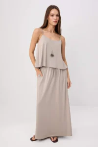 TRENDYOLMİLLA Mink Regular/Normal Pattern Thin Sleeveless Etekli Flexible Knitting Bottom - Top Set - Image 2