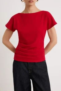 TRENDYOLMİLLA Red Fitted Boat Neck Drop Sleeve Short Sleeve Scuba Crepe Knitting Blouse - Image 3