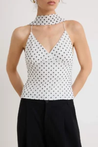 TRENDYOLMİLLA Ecru Polka Dot Fitted Barbell Neck Accessory Detailed Tulle Knitting Blouse - Image 3