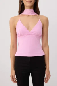 TRENDYOLMİLLA PINK Plain Fitted Barbell Neck Accessory Detailed Tulle Knitting Blouse - Image 3